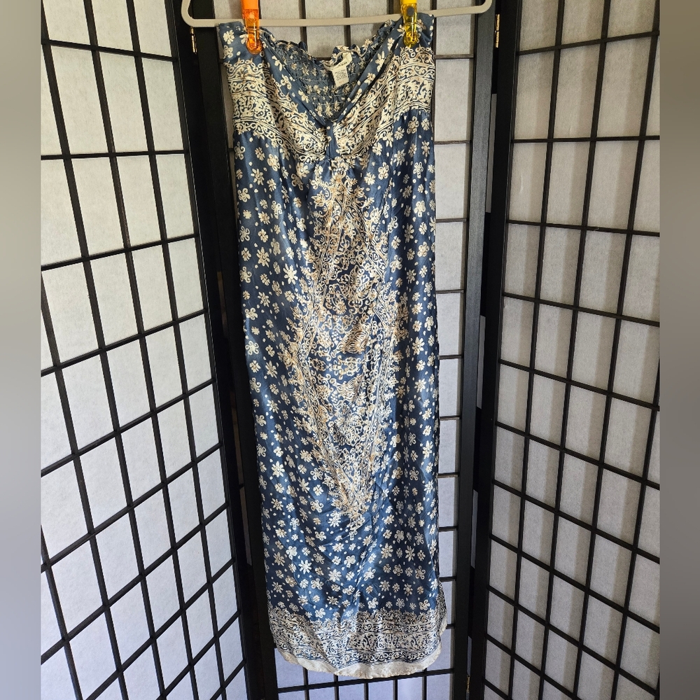 Trinity 100% Silk Strapless Patterned Midi Sun Dress sz M/L